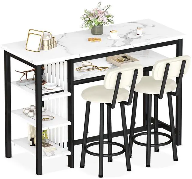 Main image of Furniture Kitchen Bar Height Table and Chairs for 2, 5-Tier Compact Dining Room Table, White Faux Marble Top and 2 PU Leather Upholstered Seat Black Frame, Modern Dining Set for Home & Office