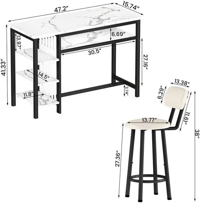 Alt view image 2 of 6 - Furniture Kitchen Bar Height Table and Chairs for 2, 5-Tier Compact Dining Room Table, White Faux Marble Top and 2 PU Leather Upholstered Seat Black Frame, Modern Dining Set for Home & Office