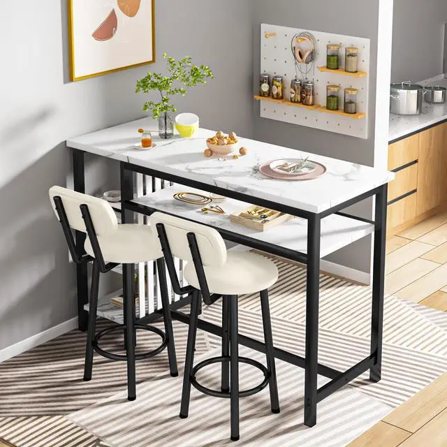 Alt view image 3 of 6 - Furniture Kitchen Bar Height Table and Chairs for 2, 5-Tier Compact Dining Room Table, White Faux Marble Top and 2 PU Leather Upholstered Seat Black Frame, Modern Dining Set for Home & Office