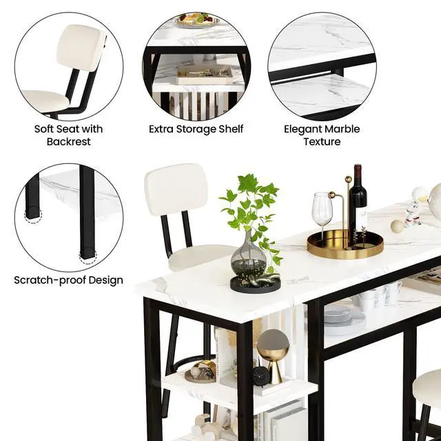 Alt view image 4 of 6 - Furniture Kitchen Bar Height Table and Chairs for 2, 5-Tier Compact Dining Room Table, White Faux Marble Top and 2 PU Leather Upholstered Seat Black Frame, Modern Dining Set for Home & Office