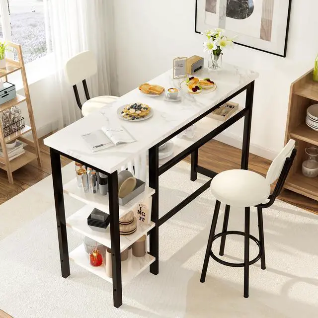 Alt view image 5 of 6 - Furniture Kitchen Bar Height Table and Chairs for 2, 5-Tier Compact Dining Room Table, White Faux Marble Top and 2 PU Leather Upholstered Seat Black Frame, Modern Dining Set for Home & Office