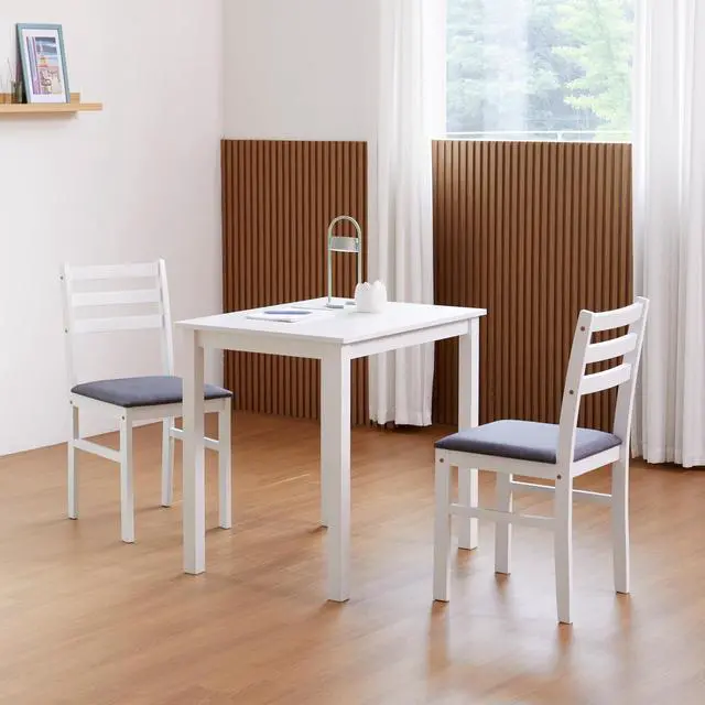 Alt view image 4 of 6 - Seattle 3-Piece Wooden Dining Table Set for 2, Modern Farmhouse Kitchen Dining Room Set with Solid Wood Ladder Back Chairs for Small Space (White)