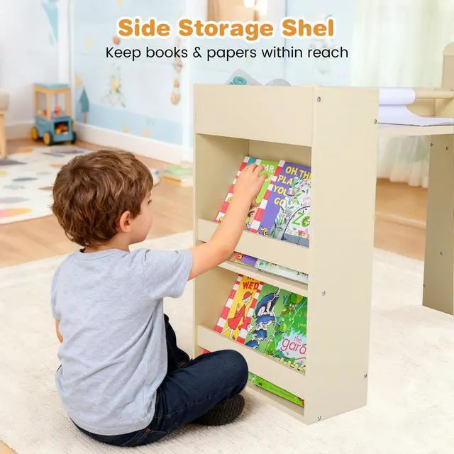 Alt view image 2 of 6 - Kids Study Desk and Chair Set, Wooden Learning Table with Storage Hutch, Drawer, Paper Roll, Round MDF Student Furniture for Writing, Drawing, Ages 3+