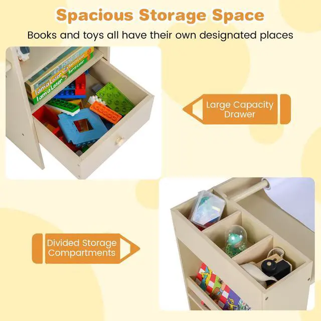 Alt view image 3 of 6 - Kids Study Desk and Chair Set, Wooden Learning Table with Storage Hutch, Drawer, Paper Roll, Round MDF Student Furniture for Writing, Drawing, Ages 3+