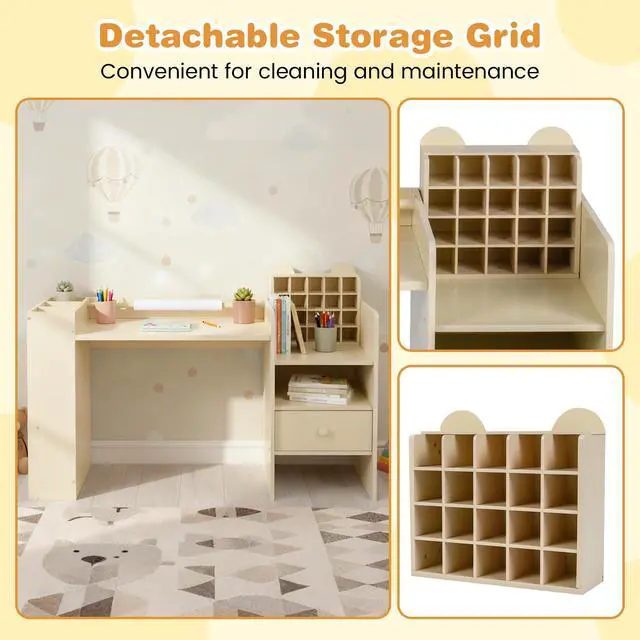 Alt view image 4 of 6 - Kids Study Desk and Chair Set, Wooden Learning Table with Storage Hutch, Drawer, Paper Roll, Round MDF Student Furniture for Writing, Drawing, Ages 3+