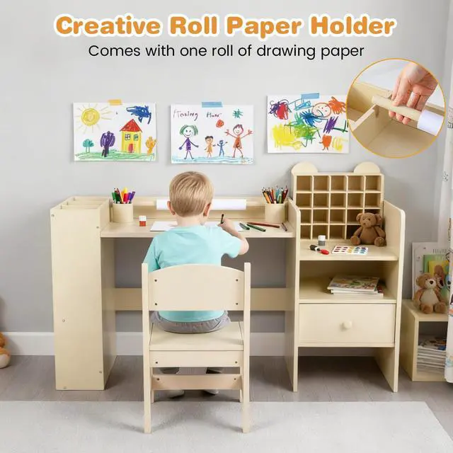 Alt view image 5 of 6 - Kids Study Desk and Chair Set, Wooden Learning Table with Storage Hutch, Drawer, Paper Roll, Round MDF Student Furniture for Writing, Drawing, Ages 3+