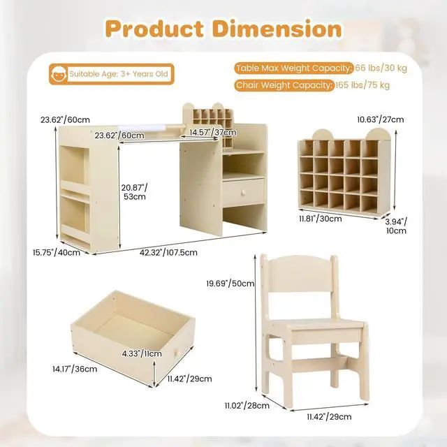 Alt view image 6 of 6 - Kids Study Desk and Chair Set, Wooden Learning Table with Storage Hutch, Drawer, Paper Roll, Round MDF Student Furniture for Writing, Drawing, Ages 3+