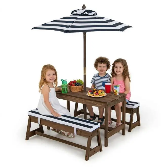 Main image of Kids Picnic Table, Toddler Wood Table & Chair Set w/Cushions, Height Adjustable Umbrella, Children Activity Table Outdoor Furniture Set for Patio, Garden, Backyard, Gift for Ages 3-8 (Blue)