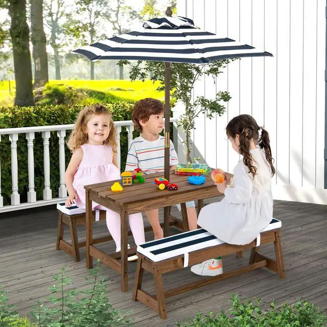Alt view image 2 of 6 - Kids Picnic Table, Toddler Wood Table & Chair Set w/Cushions, Height Adjustable Umbrella, Children Activity Table Outdoor Furniture Set for Patio, Garden, Backyard, Gift for Ages 3-8 (Blue)
