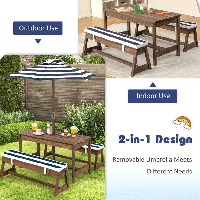 Alt view image 3 of 6 - Kids Picnic Table, Toddler Wood Table & Chair Set w/Cushions, Height Adjustable Umbrella, Children Activity Table Outdoor Furniture Set for Patio, Garden, Backyard, Gift for Ages 3-8 (Blue)