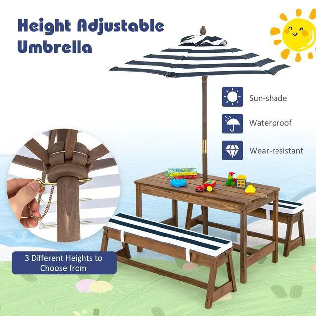 Alt view image 4 of 6 - Kids Picnic Table, Toddler Wood Table & Chair Set w/Cushions, Height Adjustable Umbrella, Children Activity Table Outdoor Furniture Set for Patio, Garden, Backyard, Gift for Ages 3-8 (Blue)