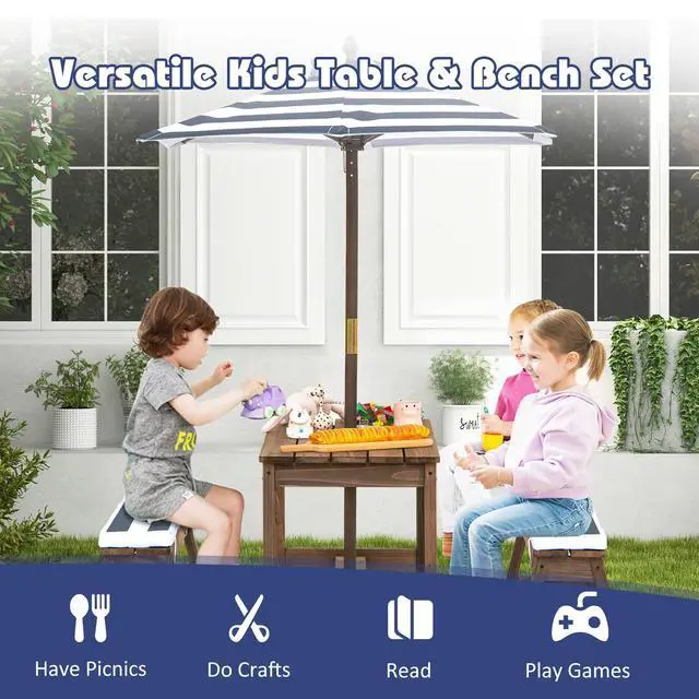 Alt view image 5 of 6 - Kids Picnic Table, Toddler Wood Table & Chair Set w/Cushions, Height Adjustable Umbrella, Children Activity Table Outdoor Furniture Set for Patio, Garden, Backyard, Gift for Ages 3-8 (Blue)