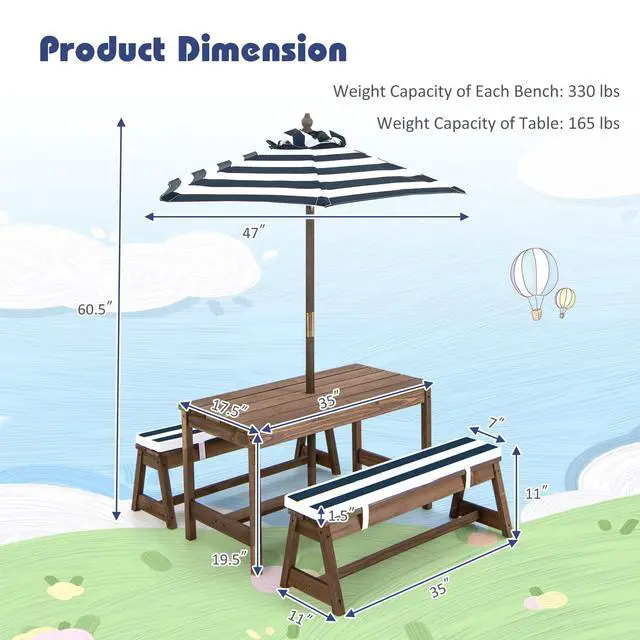 Alt view image 6 of 6 - Kids Picnic Table, Toddler Wood Table & Chair Set w/Cushions, Height Adjustable Umbrella, Children Activity Table Outdoor Furniture Set for Patio, Garden, Backyard, Gift for Ages 3-8 (Blue)