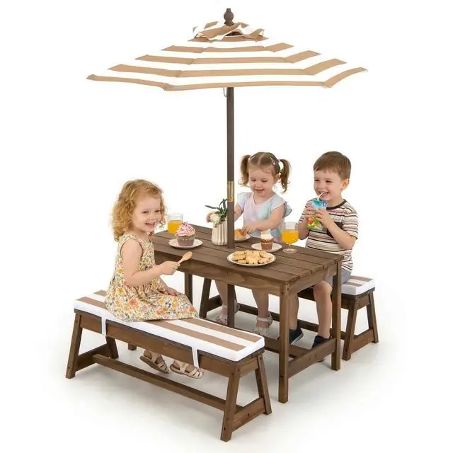 Main image of Kids Picnic Table, Toddler Wood Table & Chair Set w/Cushions, Height Adjustable Umbrella, Children Activity Table Outdoor Furniture Set for Patio, Garden, Backyard, Gift for Ages 3-8 (Coffee)