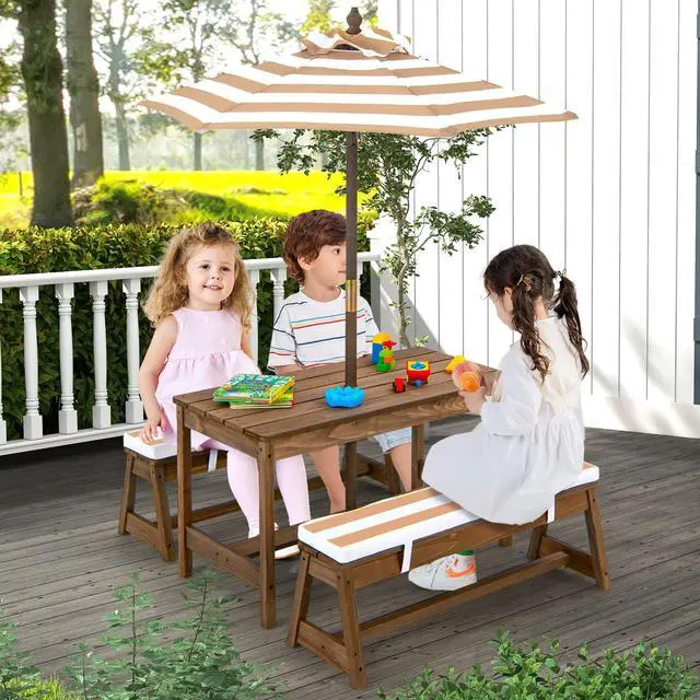 Alt view image 2 of 6 - Kids Picnic Table, Toddler Wood Table & Chair Set w/Cushions, Height Adjustable Umbrella, Children Activity Table Outdoor Furniture Set for Patio, Garden, Backyard, Gift for Ages 3-8 (Coffee)