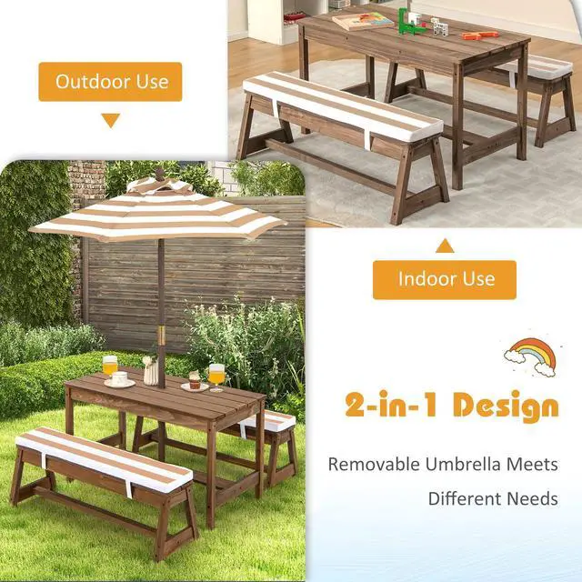 Alt view image 3 of 6 - Kids Picnic Table, Toddler Wood Table & Chair Set w/Cushions, Height Adjustable Umbrella, Children Activity Table Outdoor Furniture Set for Patio, Garden, Backyard, Gift for Ages 3-8 (Coffee)