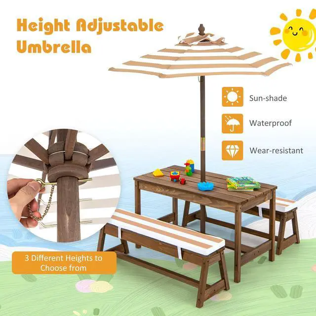 Alt view image 4 of 6 - Kids Picnic Table, Toddler Wood Table & Chair Set w/Cushions, Height Adjustable Umbrella, Children Activity Table Outdoor Furniture Set for Patio, Garden, Backyard, Gift for Ages 3-8 (Coffee)