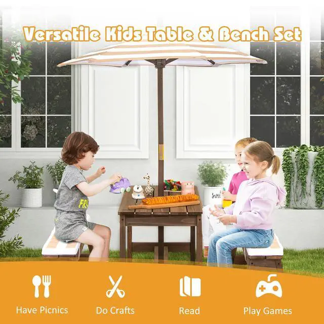 Alt view image 5 of 6 - Kids Picnic Table, Toddler Wood Table & Chair Set w/Cushions, Height Adjustable Umbrella, Children Activity Table Outdoor Furniture Set for Patio, Garden, Backyard, Gift for Ages 3-8 (Coffee)