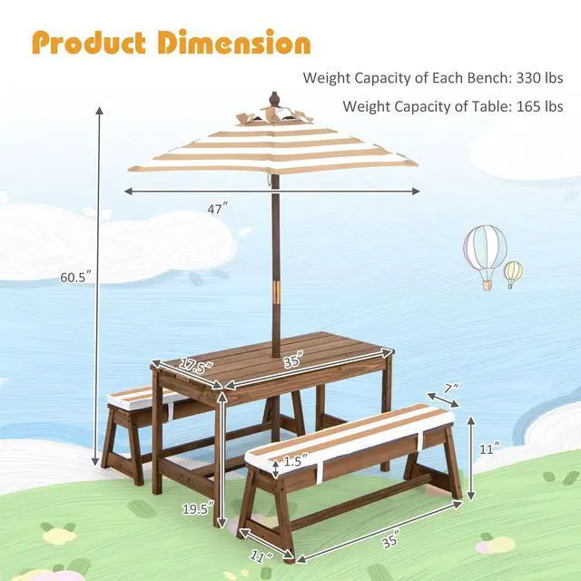 Alt view image 6 of 6 - Kids Picnic Table, Toddler Wood Table & Chair Set w/Cushions, Height Adjustable Umbrella, Children Activity Table Outdoor Furniture Set for Patio, Garden, Backyard, Gift for Ages 3-8 (Coffee)