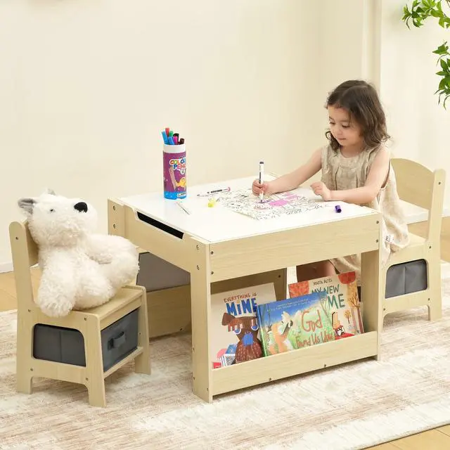 Alt view image 2 of 6 - Kids Table and Chairs Ages 3-7, 4 in 1 Toddler Desk and Chair Set with Whiteboard, Blackboard, Storage Drawer and Book Rack. Toddler Activity Table for Kids Room, Nursery and Playroom