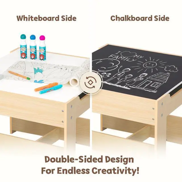 Alt view image 3 of 6 - Kids Table and Chairs Ages 3-7, 4 in 1 Toddler Desk and Chair Set with Whiteboard, Blackboard, Storage Drawer and Book Rack. Toddler Activity Table for Kids Room, Nursery and Playroom