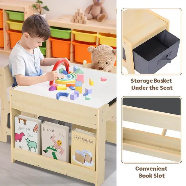 Alt view image 6 of 6 - Kids Table and Chairs Ages 3-7, 4 in 1 Toddler Desk and Chair Set with Whiteboard, Blackboard, Storage Drawer and Book Rack. Toddler Activity Table for Kids Room, Nursery and Playroom
