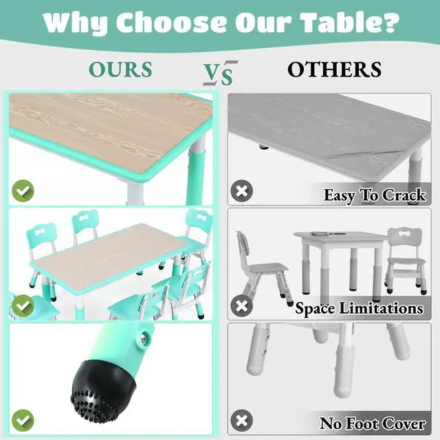 Alt view image 2 of 6 - Kids Table and 6 Chairs Set, Height Adjustable Graffiti Desk, Preschool Activity Art Craft Table, for Daycare Classroom Home Boys and Girls Age 3-12 (Light Green)