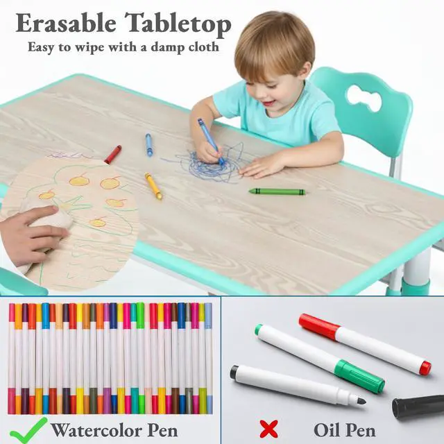 Alt view image 3 of 6 - Kids Table and 6 Chairs Set, Height Adjustable Graffiti Desk, Preschool Activity Art Craft Table, for Daycare Classroom Home Boys and Girls Age 3-12 (Light Green)