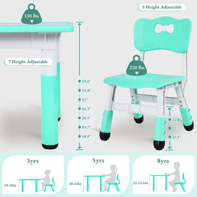 Alt view image 5 of 6 - Kids Table and 6 Chairs Set, Height Adjustable Graffiti Desk, Preschool Activity Art Craft Table, for Daycare Classroom Home Boys and Girls Age 3-12 (Light Green)