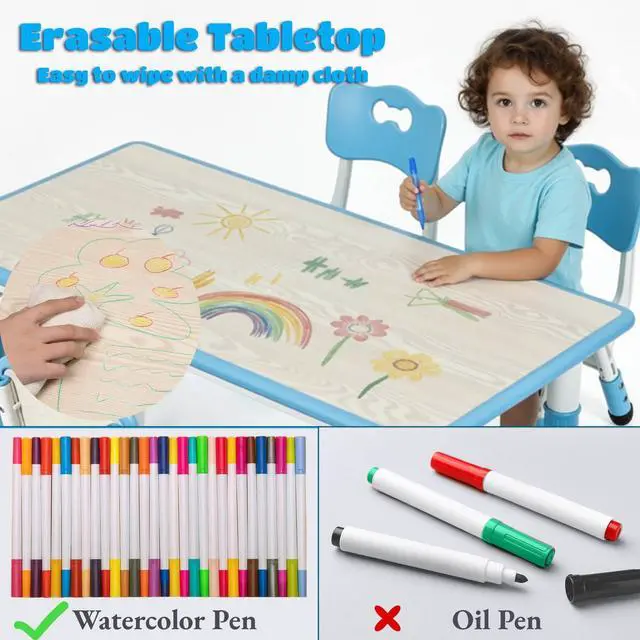 Alt view image 3 of 6 - Kids Table and 6 Chairs Set, Height Adjustable Graffiti Desk, Preschool Activity Art Craft Table, for Daycare Classroom Home Boys and Girls Age 3-12 (Blue)