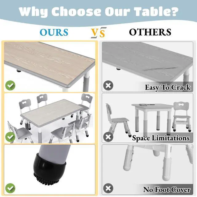 Alt view image 2 of 6 - Kids Table and 6 Chairs Set, Height Adjustable Graffiti Desk, Preschool Activity Art Craft Table, for Daycare Classroom Home Boys and Girls Age 3-12 (Gray)