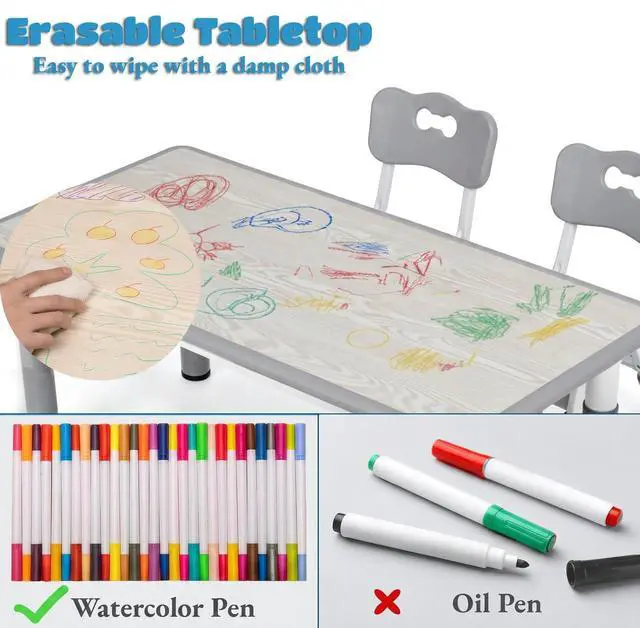 Alt view image 3 of 6 - Kids Table and 6 Chairs Set, Height Adjustable Graffiti Desk, Preschool Activity Art Craft Table, for Daycare Classroom Home Boys and Girls Age 3-12 (Gray)