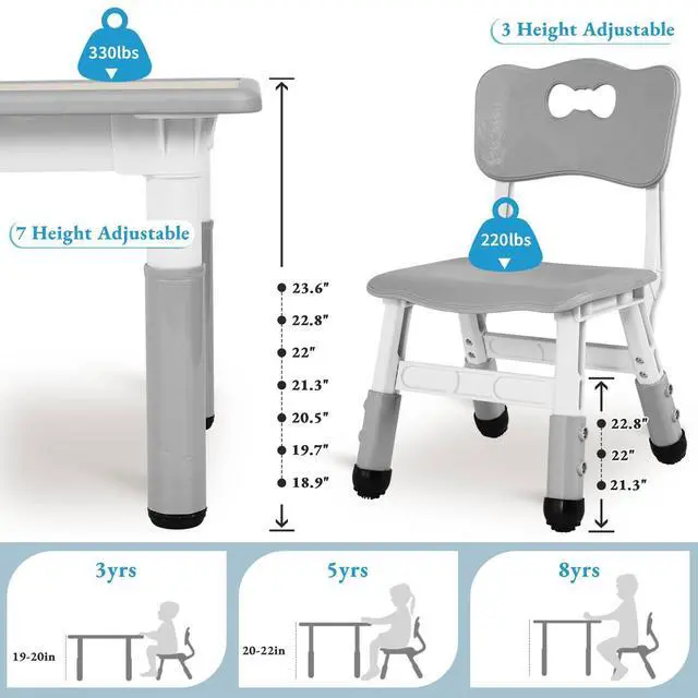Alt view image 5 of 6 - Kids Table and 6 Chairs Set, Height Adjustable Graffiti Desk, Preschool Activity Art Craft Table, for Daycare Classroom Home Boys and Girls Age 3-12 (Gray)