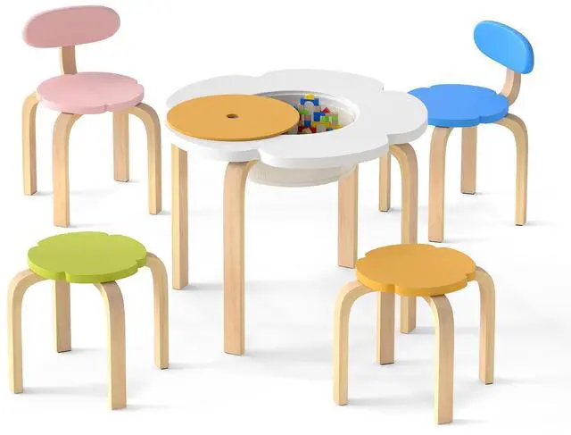 Main image of Kids Table and Chairs, 5 PCS Wooden Flower-Shaped Activity Desk with Hidden Storage Space, 2 Chairs & 2 Stools, Toddler Table and Chair Set for Playroom, Kindergarten, Nursery, 3+ Ages