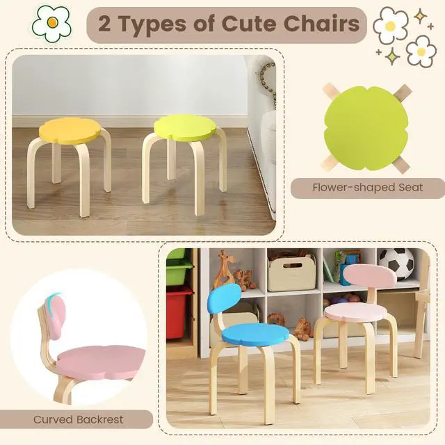 Alt view image 2 of 6 - Kids Table and Chairs, 5 PCS Wooden Flower-Shaped Activity Desk with Hidden Storage Space, 2 Chairs & 2 Stools, Toddler Table and Chair Set for Playroom, Kindergarten, Nursery, 3+ Ages