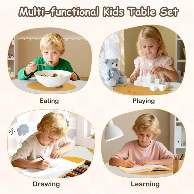 Alt view image 3 of 6 - Kids Table and Chairs, 5 PCS Wooden Flower-Shaped Activity Desk with Hidden Storage Space, 2 Chairs & 2 Stools, Toddler Table and Chair Set for Playroom, Kindergarten, Nursery, 3+ Ages