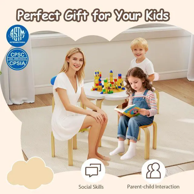 Alt view image 4 of 6 - Kids Table and Chairs, 5 PCS Wooden Flower-Shaped Activity Desk with Hidden Storage Space, 2 Chairs & 2 Stools, Toddler Table and Chair Set for Playroom, Kindergarten, Nursery, 3+ Ages