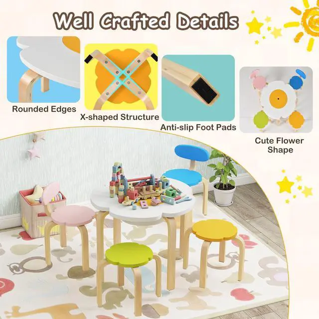 Alt view image 5 of 6 - Kids Table and Chairs, 5 PCS Wooden Flower-Shaped Activity Desk with Hidden Storage Space, 2 Chairs & 2 Stools, Toddler Table and Chair Set for Playroom, Kindergarten, Nursery, 3+ Ages