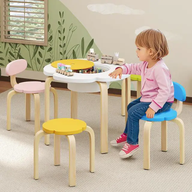 Alt view image 6 of 6 - Kids Table and Chairs, 5 PCS Wooden Flower-Shaped Activity Desk with Hidden Storage Space, 2 Chairs & 2 Stools, Toddler Table and Chair Set for Playroom, Kindergarten, Nursery, 3+ Ages