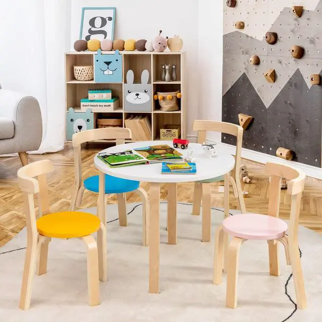 Alt view image 2 of 6 - Kids Table and Chair Set, 5-Piece Wooden Activity Desk Set w/Toy Bricks, Classroom Playroom Daycare Furniture for Playing, Drawing, Reading, Bentwood Toddler Table and Chairs (Assorted)