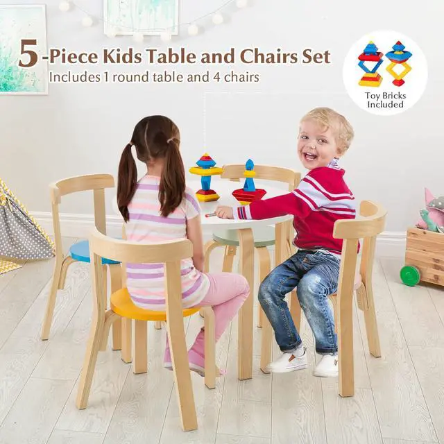 Alt view image 3 of 6 - Kids Table and Chair Set, 5-Piece Wooden Activity Desk Set w/Toy Bricks, Classroom Playroom Daycare Furniture for Playing, Drawing, Reading, Bentwood Toddler Table and Chairs (Assorted)