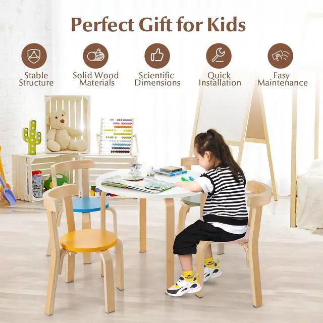 Alt view image 4 of 6 - Kids Table and Chair Set, 5-Piece Wooden Activity Desk Set w/Toy Bricks, Classroom Playroom Daycare Furniture for Playing, Drawing, Reading, Bentwood Toddler Table and Chairs (Assorted)