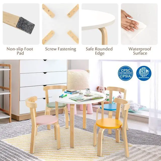 Alt view image 6 of 6 - Kids Table and Chair Set, 5-Piece Wooden Activity Desk Set w/Toy Bricks, Classroom Playroom Daycare Furniture for Playing, Drawing, Reading, Bentwood Toddler Table and Chairs (Assorted)