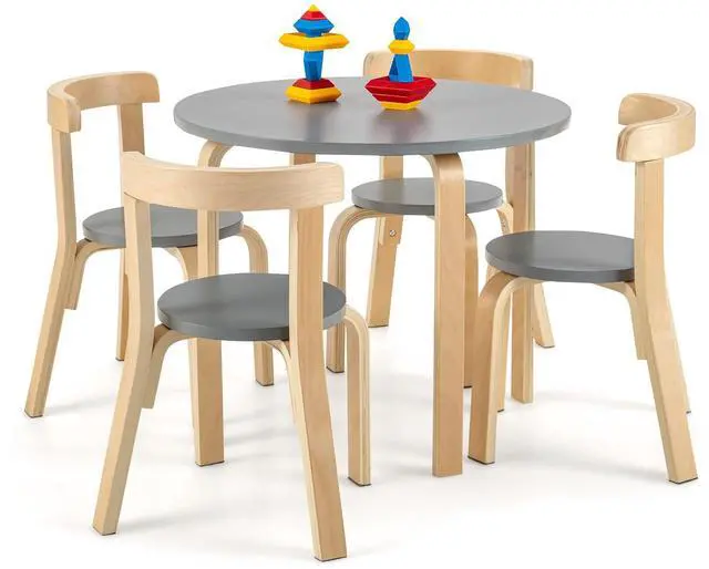 Main image of Kids Table and Chair Set, 5-Piece Wooden Activity Desk Set w/Toy Bricks, Classroom Playroom Daycare Furniture for Playing, Drawing, Reading, Bentwood Toddler Table and Chairs (Grey)