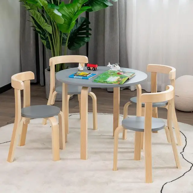 Alt view image 2 of 6 - Kids Table and Chair Set, 5-Piece Wooden Activity Desk Set w/Toy Bricks, Classroom Playroom Daycare Furniture for Playing, Drawing, Reading, Bentwood Toddler Table and Chairs (Grey)