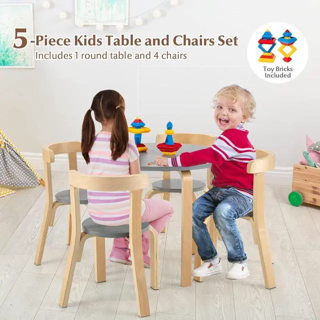 Alt view image 3 of 6 - Kids Table and Chair Set, 5-Piece Wooden Activity Desk Set w/Toy Bricks, Classroom Playroom Daycare Furniture for Playing, Drawing, Reading, Bentwood Toddler Table and Chairs (Grey)