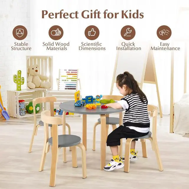 Alt view image 4 of 6 - Kids Table and Chair Set, 5-Piece Wooden Activity Desk Set w/Toy Bricks, Classroom Playroom Daycare Furniture for Playing, Drawing, Reading, Bentwood Toddler Table and Chairs (Grey)