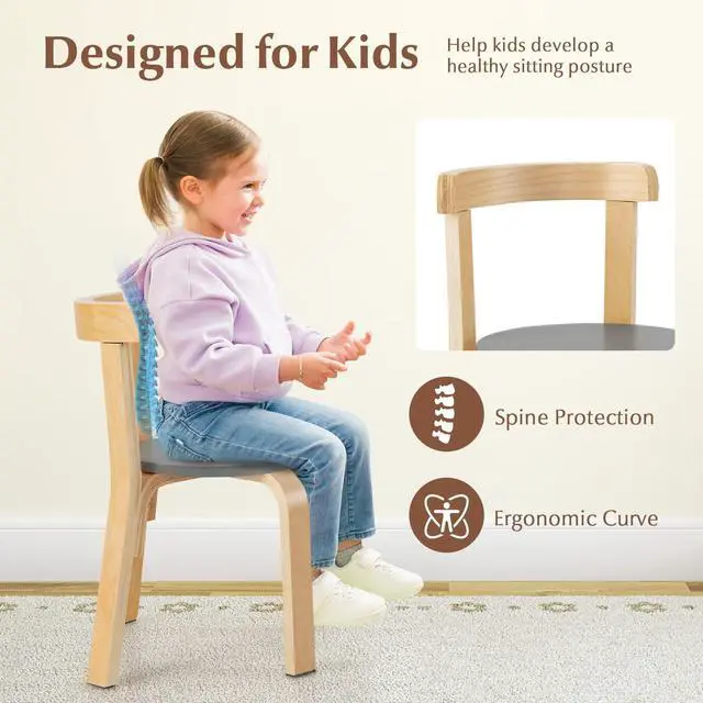 Alt view image 5 of 6 - Kids Table and Chair Set, 5-Piece Wooden Activity Desk Set w/Toy Bricks, Classroom Playroom Daycare Furniture for Playing, Drawing, Reading, Bentwood Toddler Table and Chairs (Grey)