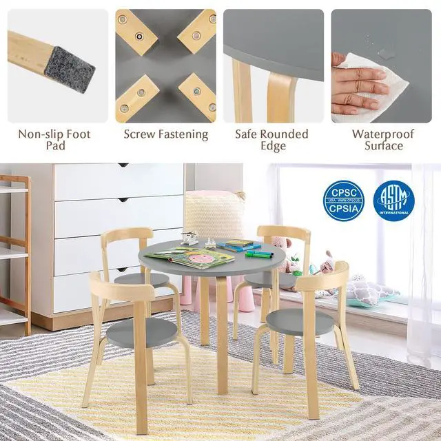 Alt view image 6 of 6 - Kids Table and Chair Set, 5-Piece Wooden Activity Desk Set w/Toy Bricks, Classroom Playroom Daycare Furniture for Playing, Drawing, Reading, Bentwood Toddler Table and Chairs (Grey)