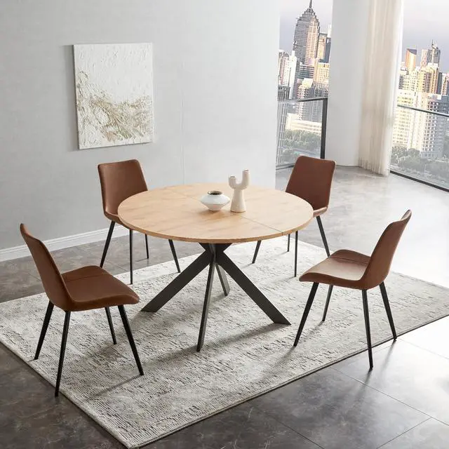 Alt view image 2 of 6 - 46.4" Round Dining Table Set, Mid Century Modern Round Dining Table for 4-6 Person, Steel Legs, Leisure Coffee Table for Kitchen Dining Room, Save Space